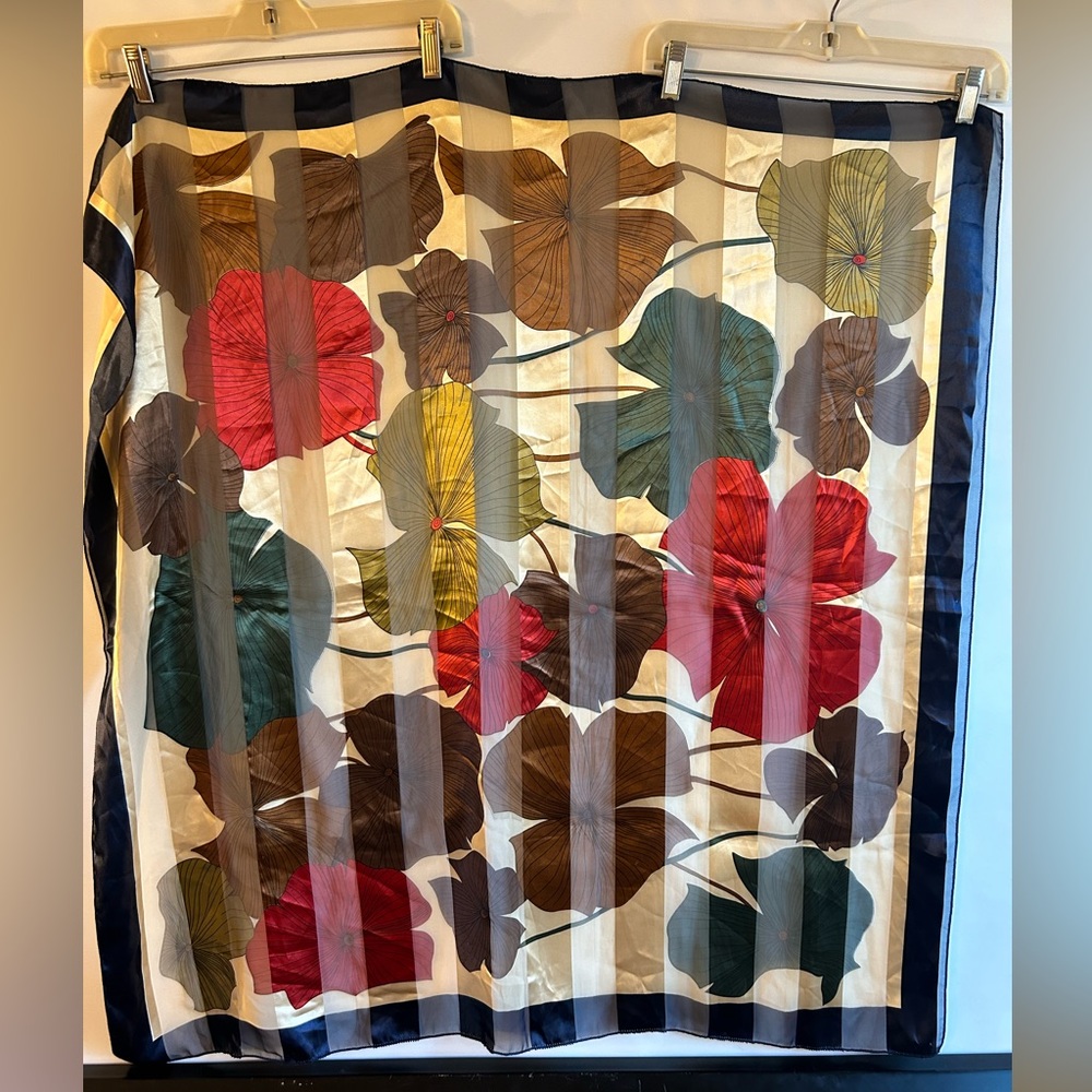 KOREAN LARGE FLORAL STRIPED SHEER OVERSIZED POLYESTER MADE IN KOREA VTG SCARF